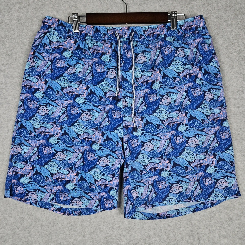 Peter Millar Mens XL Blue Sea Turtle Seaside Swim Trunks Shorts Lined Drawstring